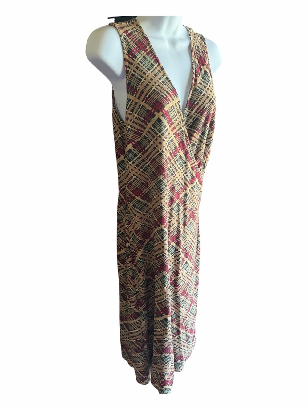Ann Taylor LOFT Knit Sleeveless V Neck Midi Dress in Tan, Red, Green Fall Plaid